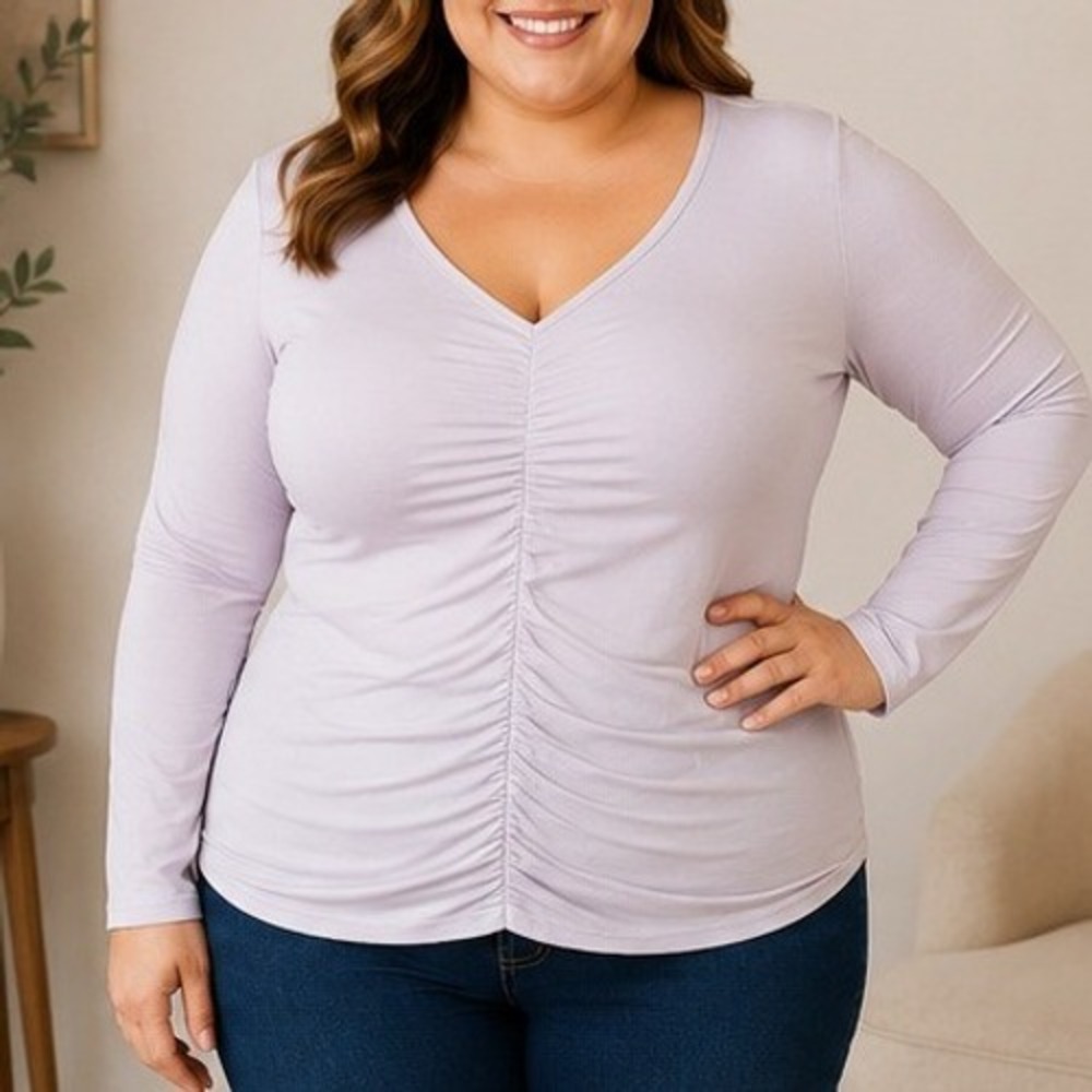 Rouge Collection Womens 3X Lavender Purple Ruched V-Neck Long Sleeve Top Blouse